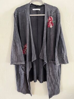 Embroidered Long Line Open Cardigan Cotton Grey Size XL